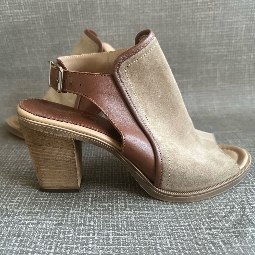 Coach And Four Tan Brown Suede & Leather Peep Toe Block Heel Slingback Size 10 - Picture 7 of 13